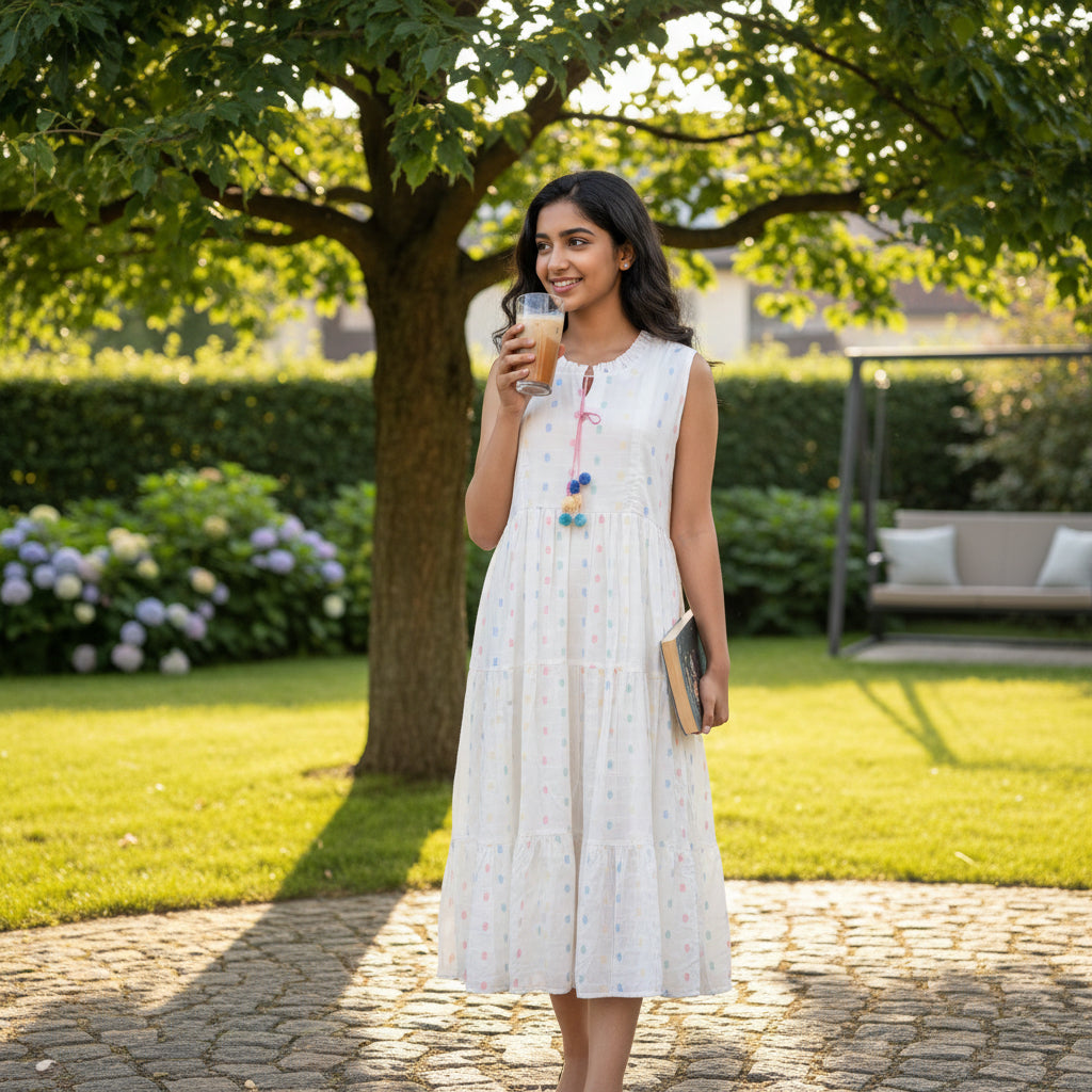 Sleeveless Tiered Maxi Dress with Pom-Pom Drawstring