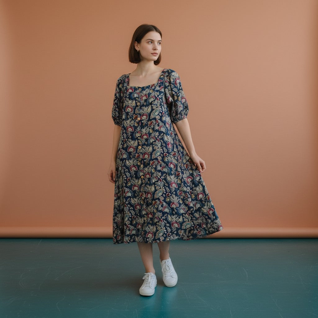 Deep Teal Blue Floral Maxi Dress