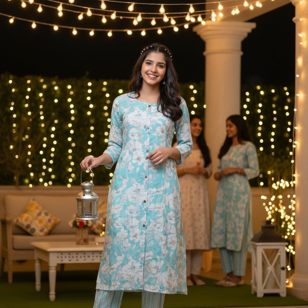 Seafoam Floral Easy-Feed Nursing Kurta with Striped Trousers