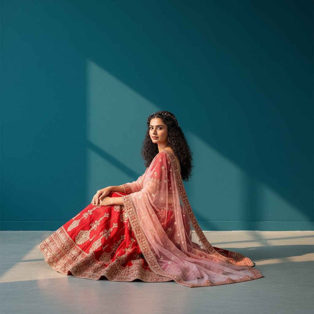 Traditional Red Velvet Silk Lehenga with Gold Embroidery and Peach Dupatta