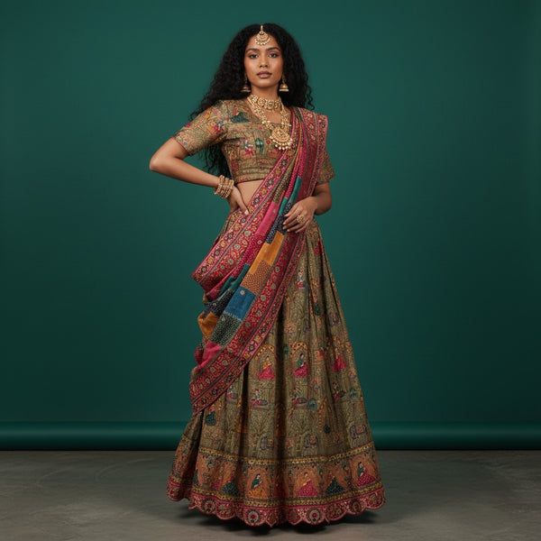 Olive Green & Multicolor Pichwai Art Lehenga with Chevron Dupatta