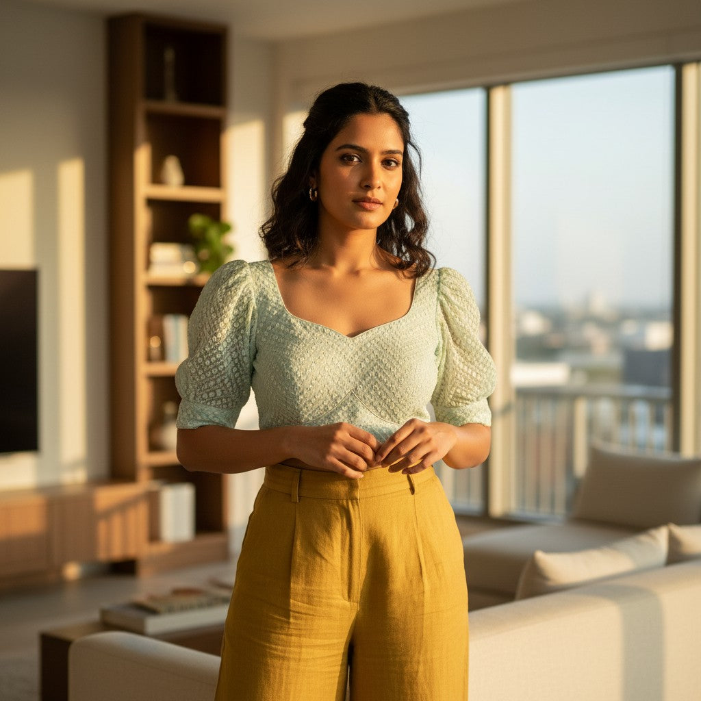 Mint Green Chikankari-Style Blouse with Puff Sleeves and Sequins