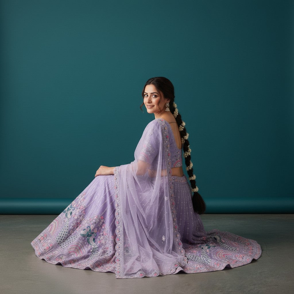 Lilac Organza Net Embroidered Lehenga Choli with Dupatta
