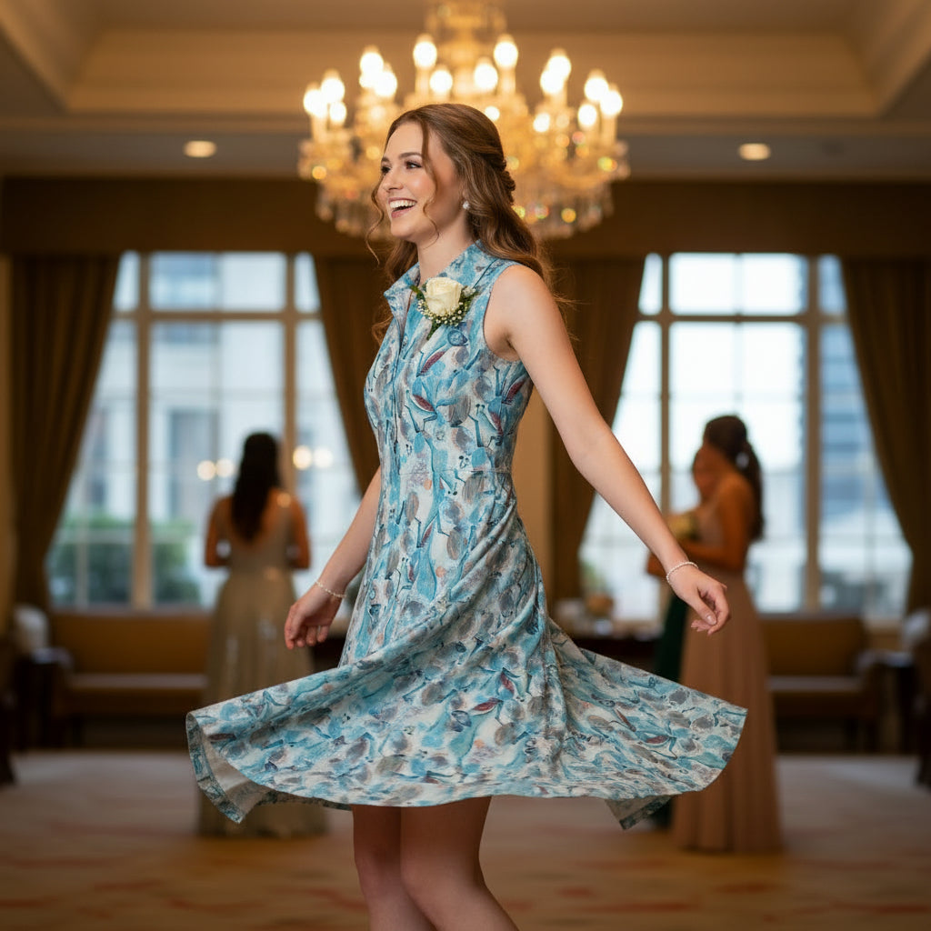 Sleeveless button-down midi dress with collared neck and abstract floral/watercolor print