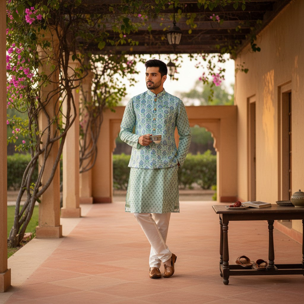 Men Green Floral Pattern 3 Piece Kurta Set