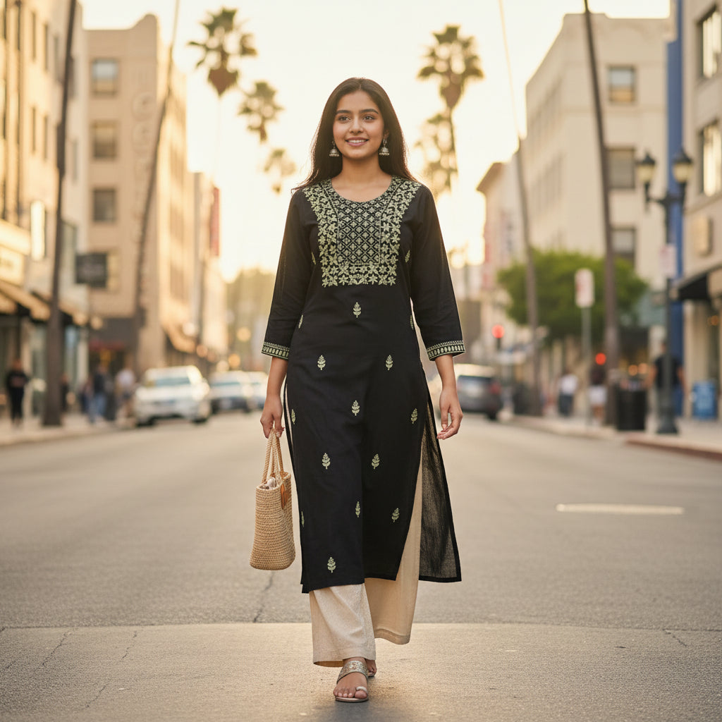 Black Straight Short Kurti with Sage Green Floral & Geometric Embroidery