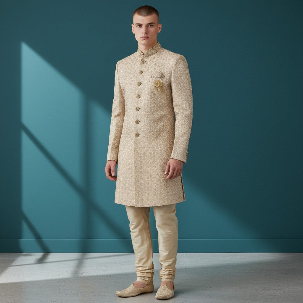 A Cream Colored Self Design Sherwani