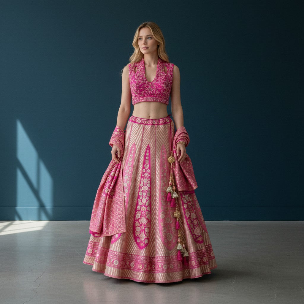 Elegant Banarasi-style Lehenga with Chevron Patterns and Floral Borders