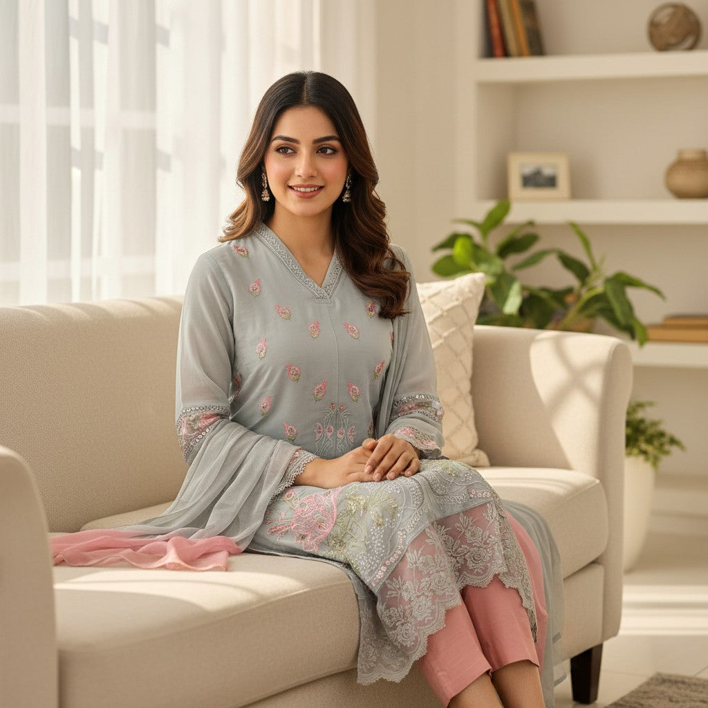 Grey & Peach Embroidered Suit with Heavy Lace Hem and Peach Trousers