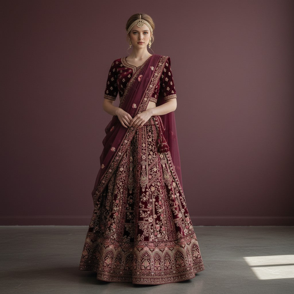 Luxurious Maroon Velvet Bridal Lehenga with Gold Embroidery