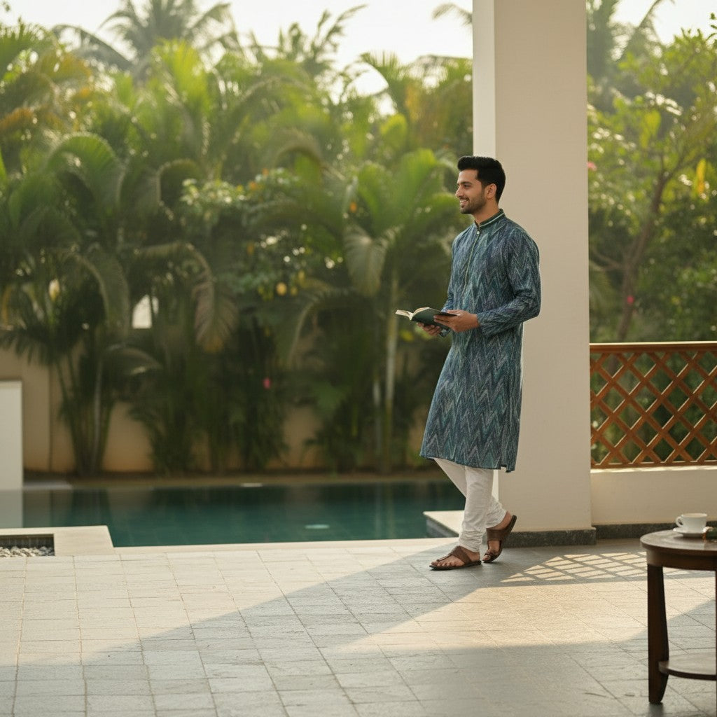 Blue Chevron Pattern Kurta Set for Men