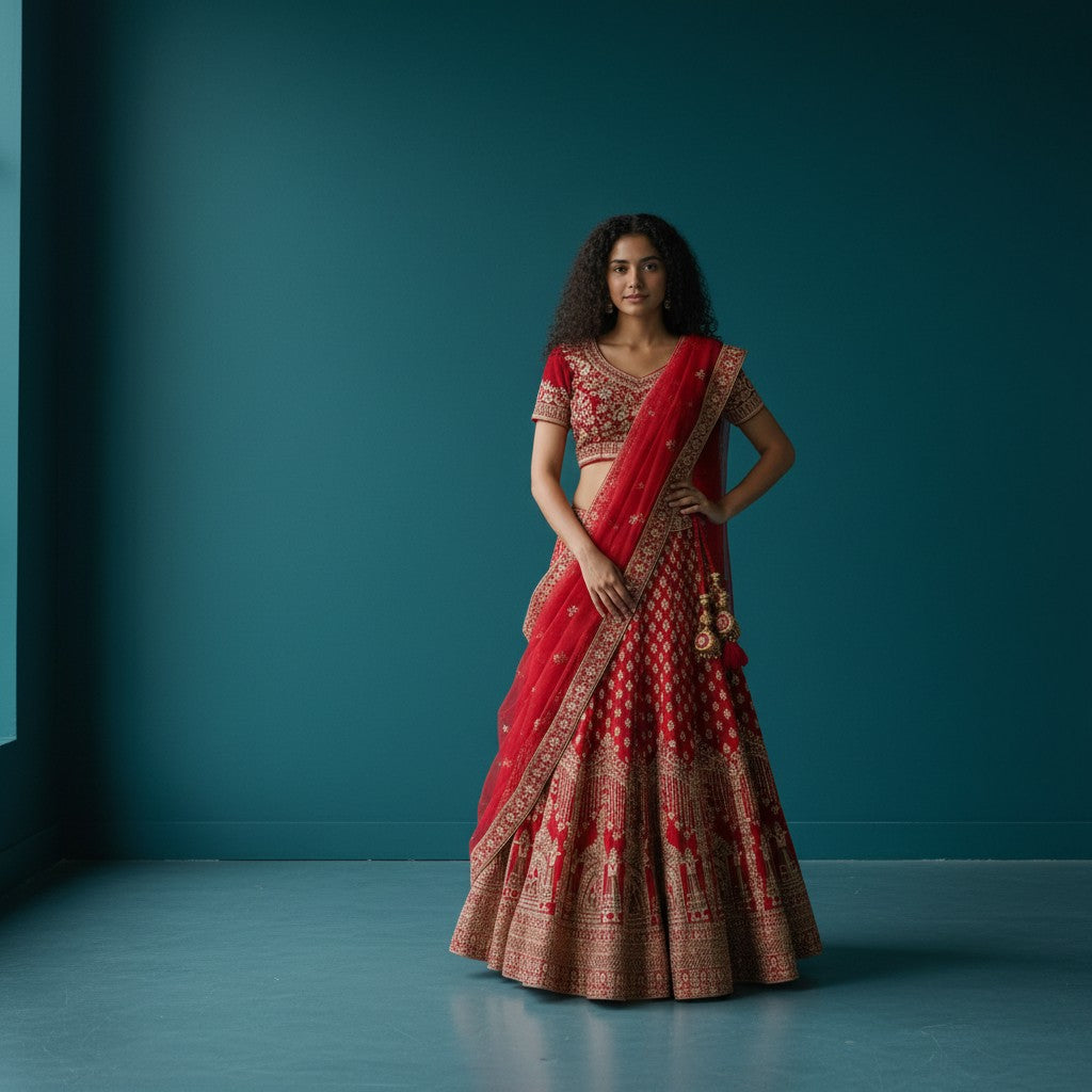 Traditional Bridal Style Lehenga Choli with Heavy Gold Embroidery