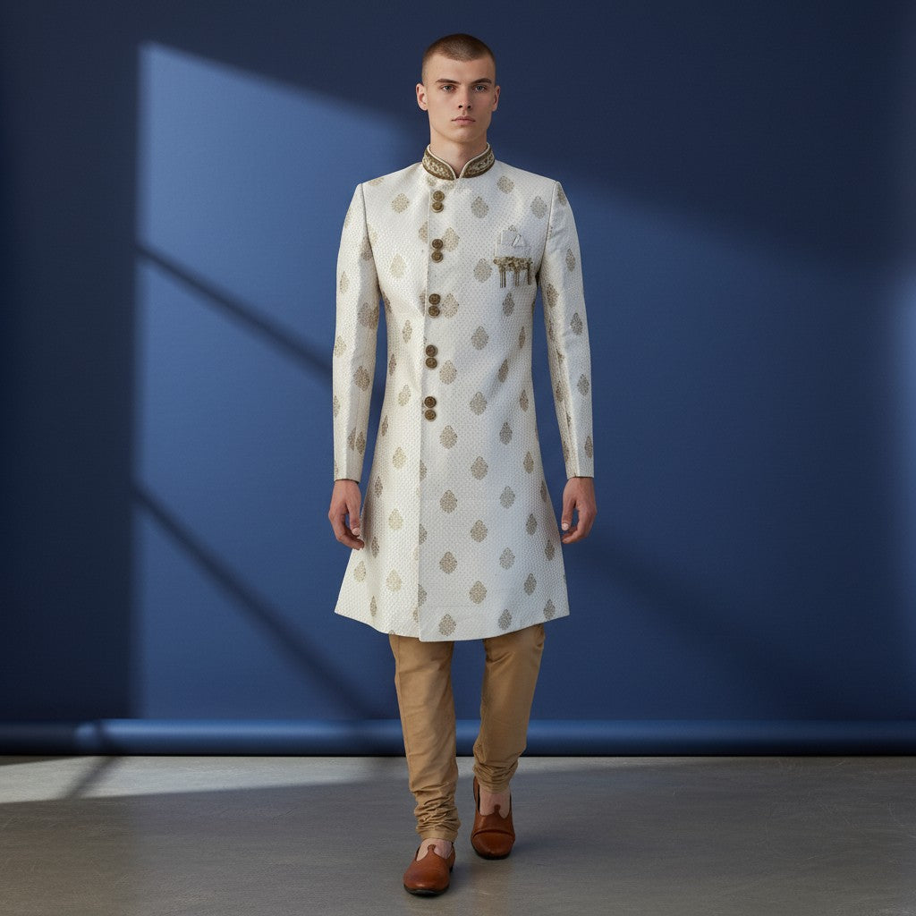 A Off White Colored Self Design Sherwani