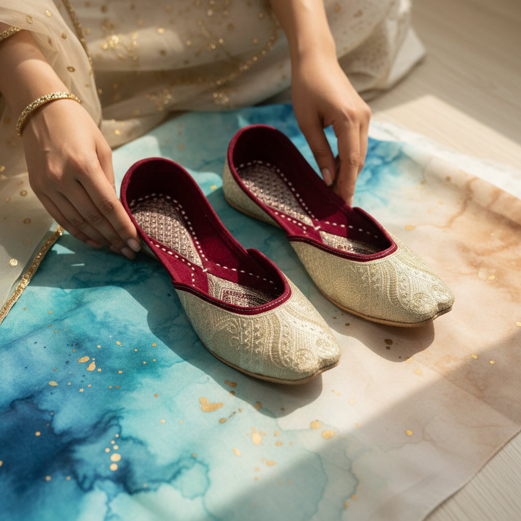 Maroon & Gold Jutti - Deep maroon velvet/fabric lining with gold patterned exterior and heart-shaped embroidery on insole