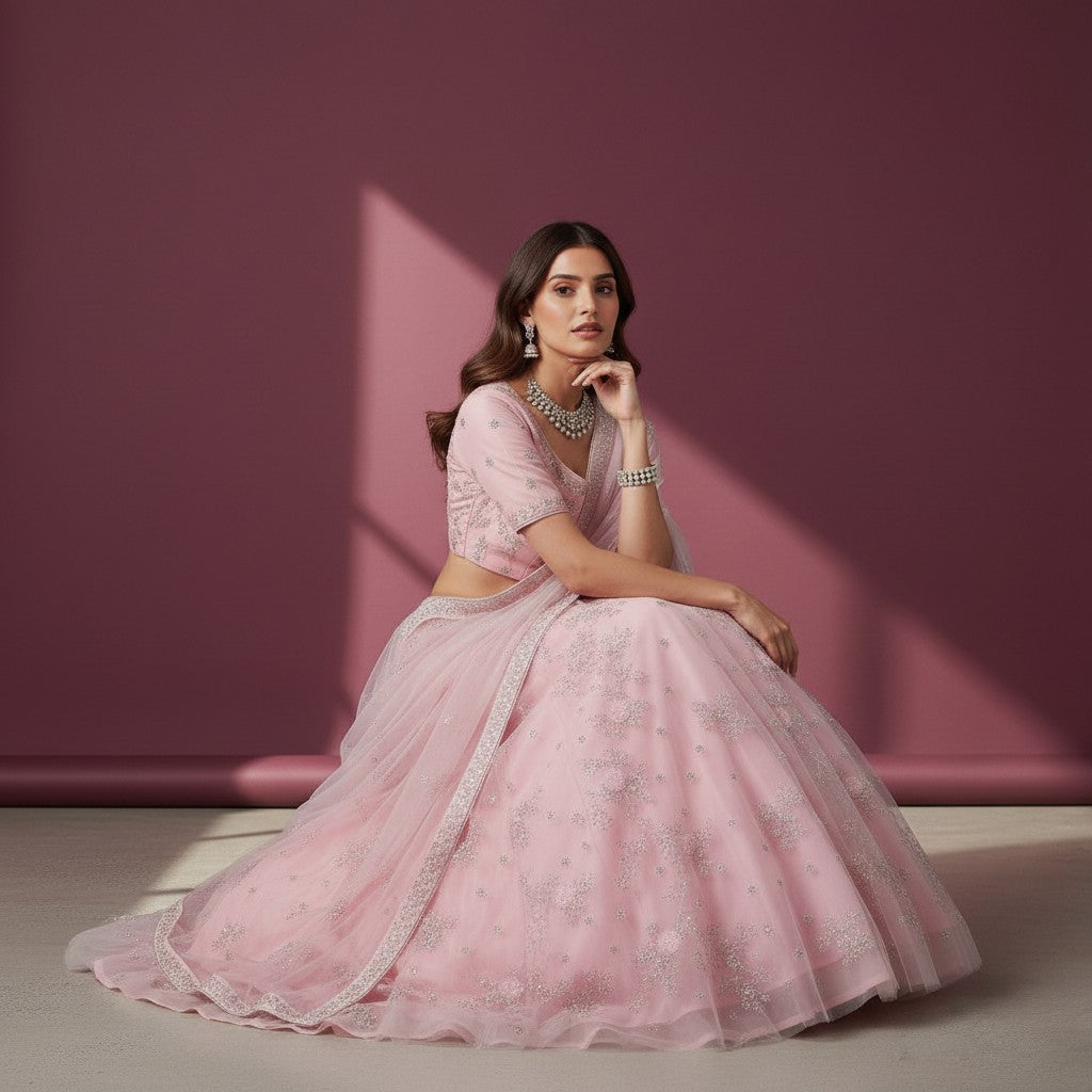 Delicate 3-piece Ghagra Choli set with floral sequin embroidery and matching net dupatta with pearl tassels