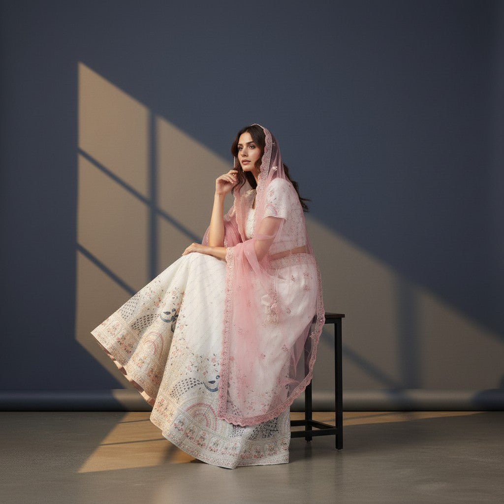 Elegant Off-White Lehenga with Peacock Motifs and Pink Net Dupatta