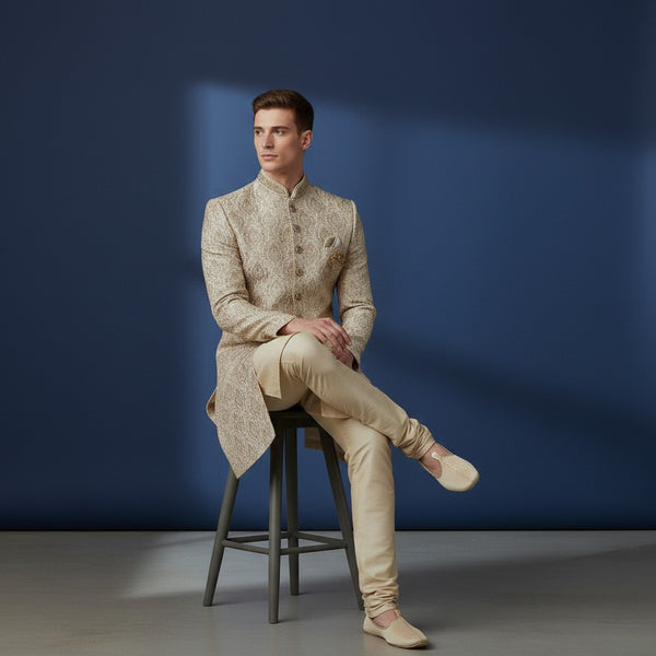 A Cream Colored Self Design Sherwani