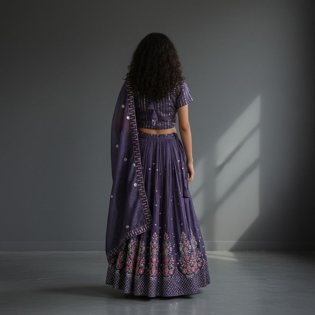 Deep Purple Sequined Striped Lehenga Set with Embroidered Dupatta
