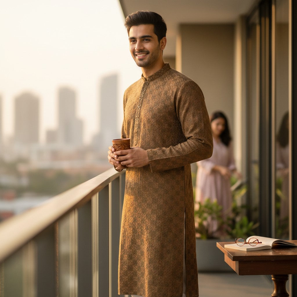 Brown Checkered Mandarin Collar Kurta
