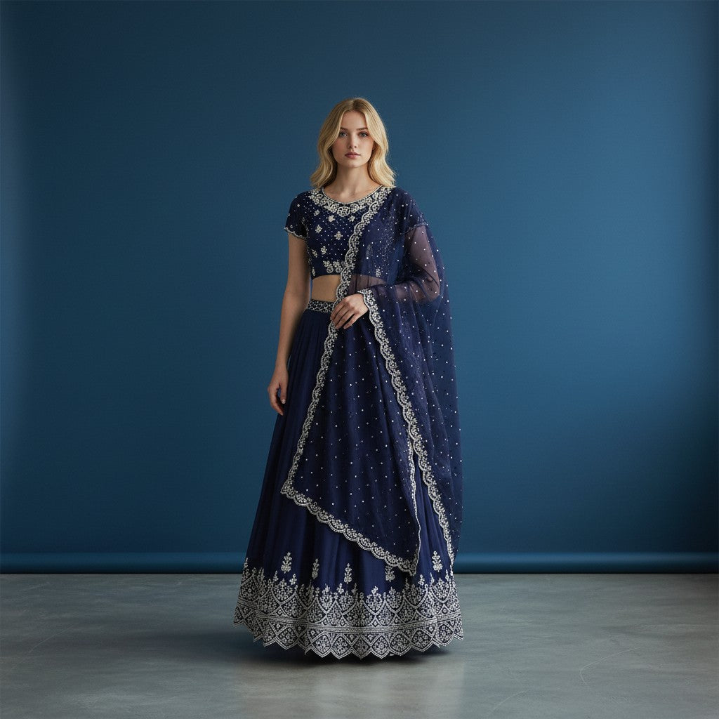 Navy Blue Embroidered Lehenga with Silver Floral Blouse and Scalloped Edge Dupatta