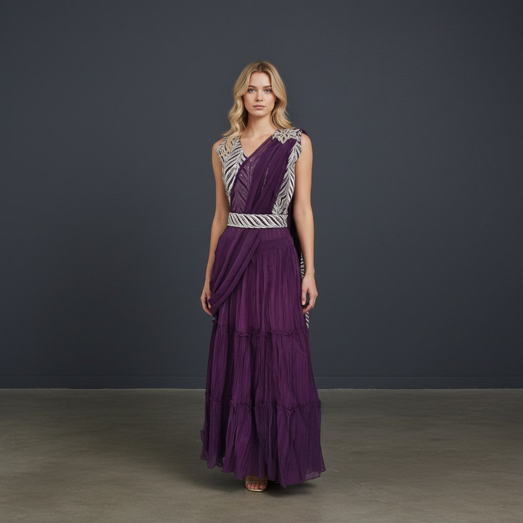 Festive Purple Tiered Lehenga/Sharara Set with Silver Embroidered Sleeveless Blouse and Draped Dupatta