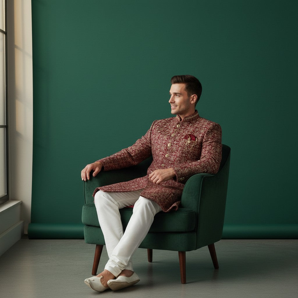 A Maroon colored Embroidered Sherwani