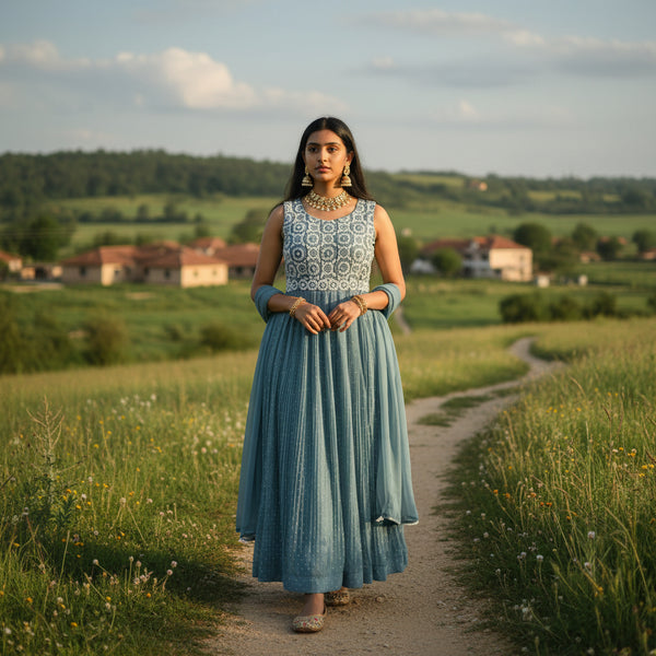 Pleated Floor-Length Gown (Frock) with Floral Embroidered Bodice