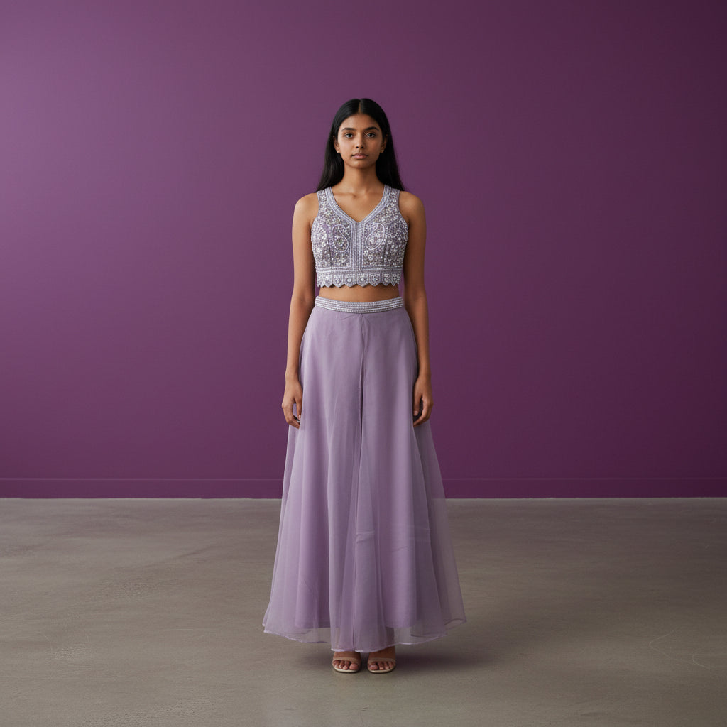 Net Overlay Crop Top with Flowing Palazzo Pants