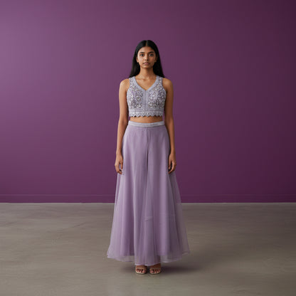 Net Overlay Crop Top with Flowing Palazzo Pants