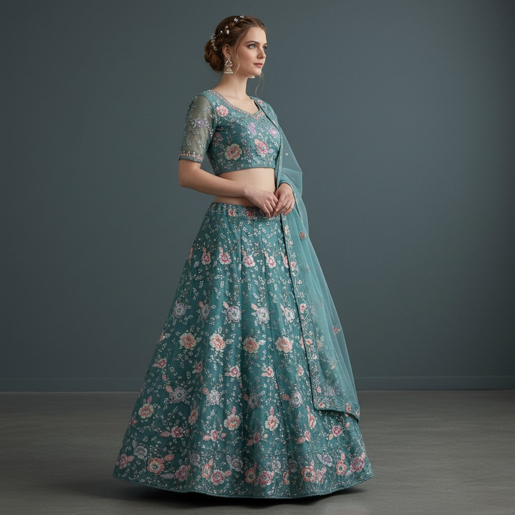 Seafoam Green Floral Embroidered Lehenga Choli Set with Net Dupatta