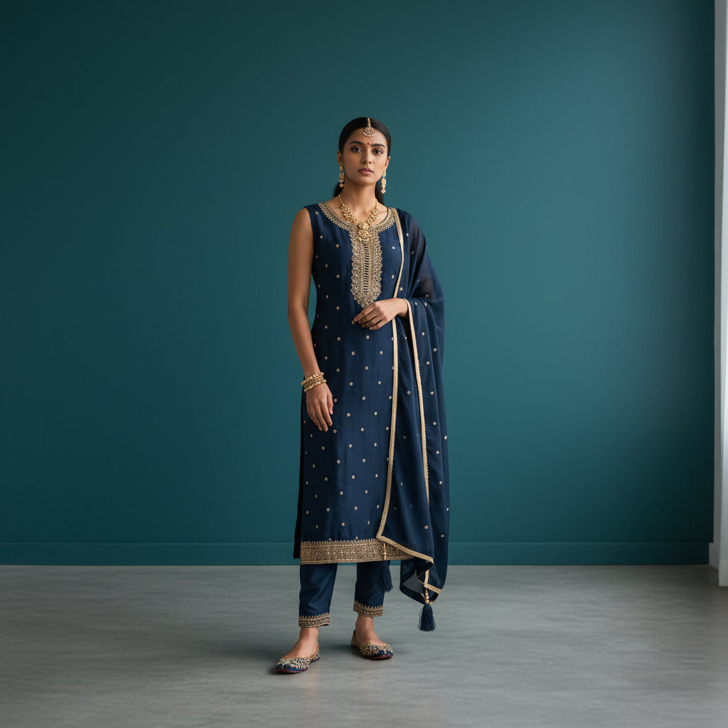 Silk Style Kurta Set with Gold Embroidery