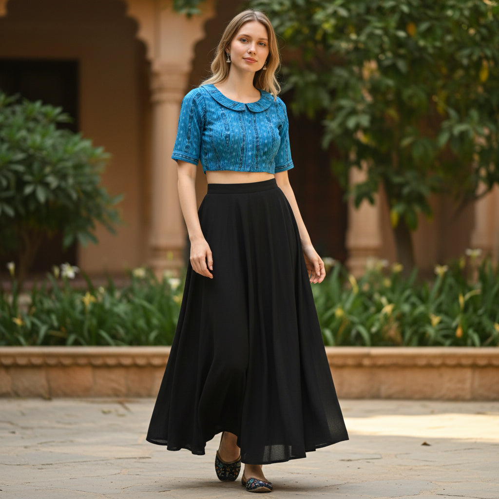 Ikat Print Cotton Crop Blouse