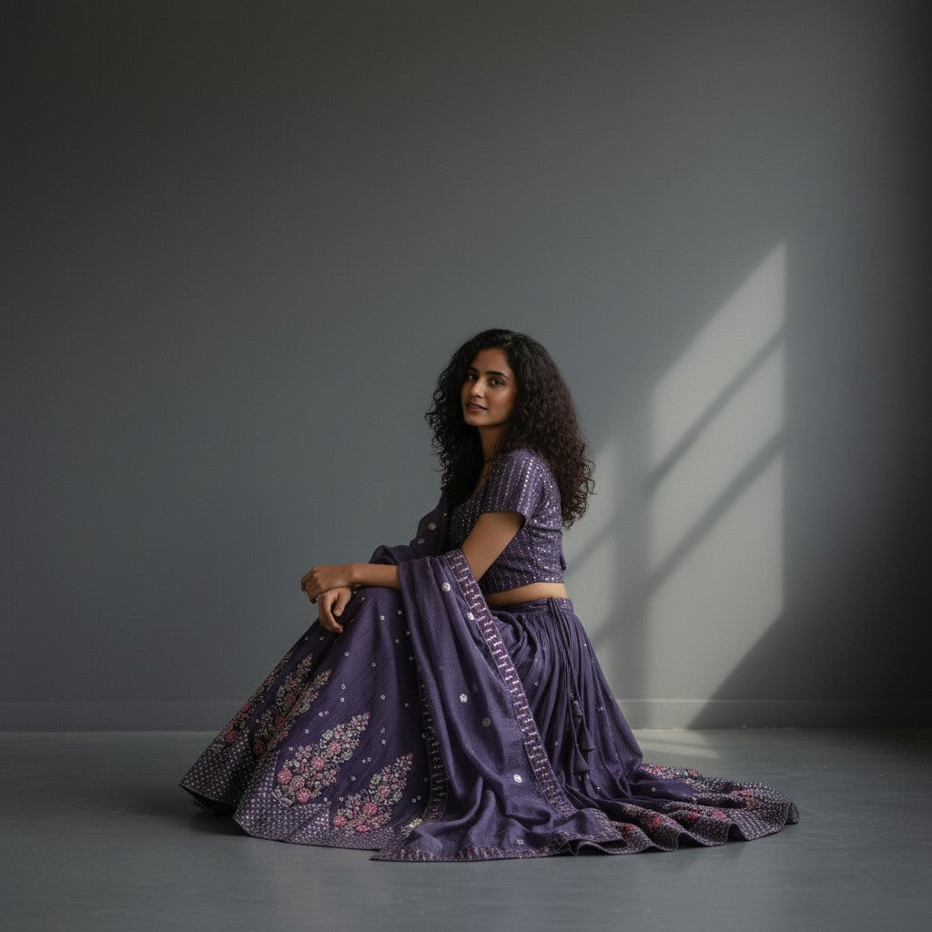 Deep Purple Sequined Striped Lehenga Set with Embroidered Dupatta