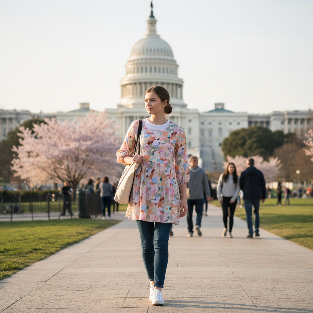 3/4 Sleeve Midi Dress with Romantic Blurred Floral Watercolor Print and Gathered Waist