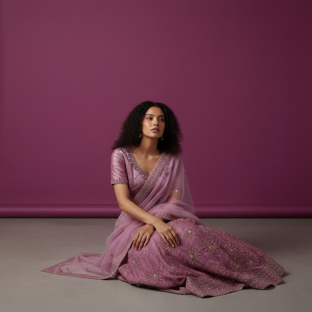 Lavender Embroidered Saree with Floral Pallu and Sequined Blouse