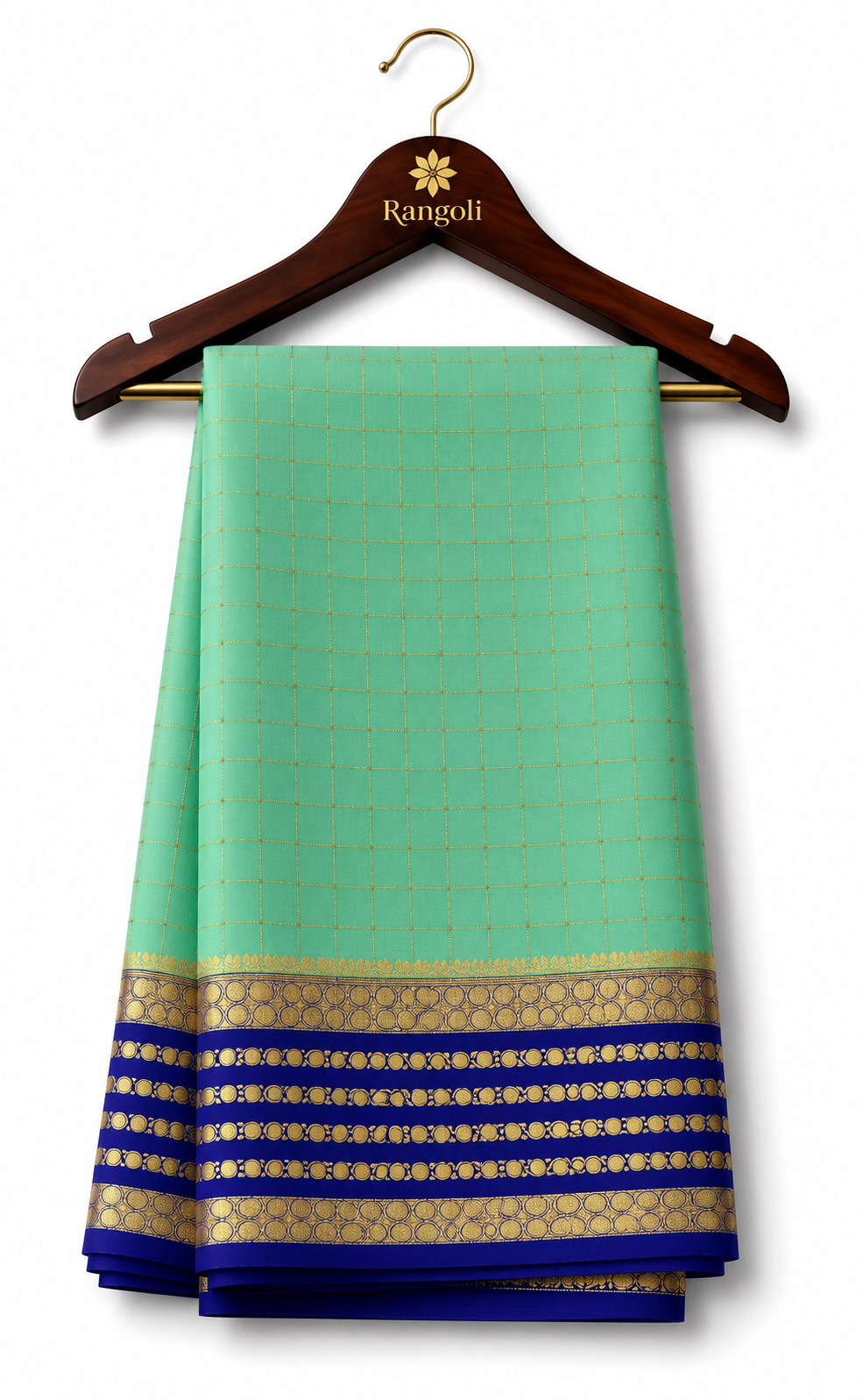 Mysore Pure Silk Checks Bentex Butta Saree - Seafoam Green with Royal Blue Border