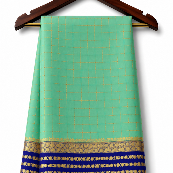 Mysore Pure Silk Checks Bentex Butta Saree - Seafoam Green with Royal Blue Border