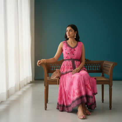 Crinkled Georgette Flared Tunic and Skirt Set