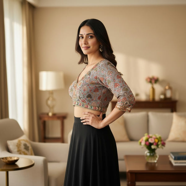 Elbow sleeves with rich floral embroidery and sequins Blouse