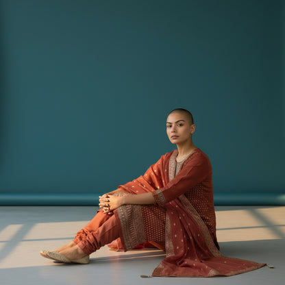 Tissue Silk Kurta Set with Scallop-Edge Embroidery