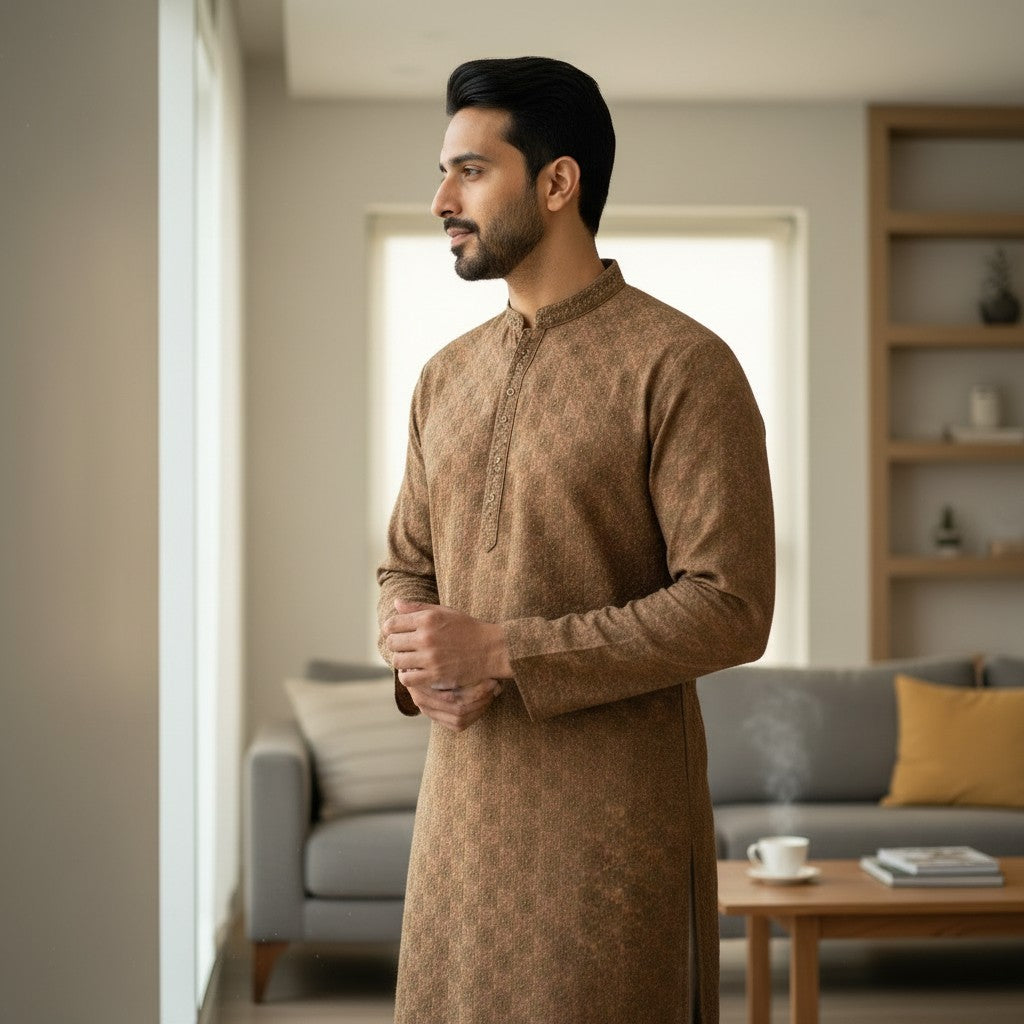 Brown Checkered Mandarin Collar Kurta