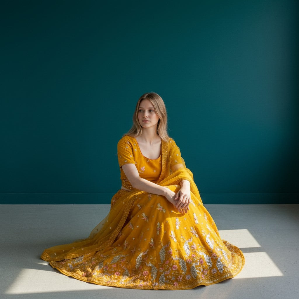 Mustard Yellow Floral Embroidered Lehenga with Mirror Work and Sheer Dupatta