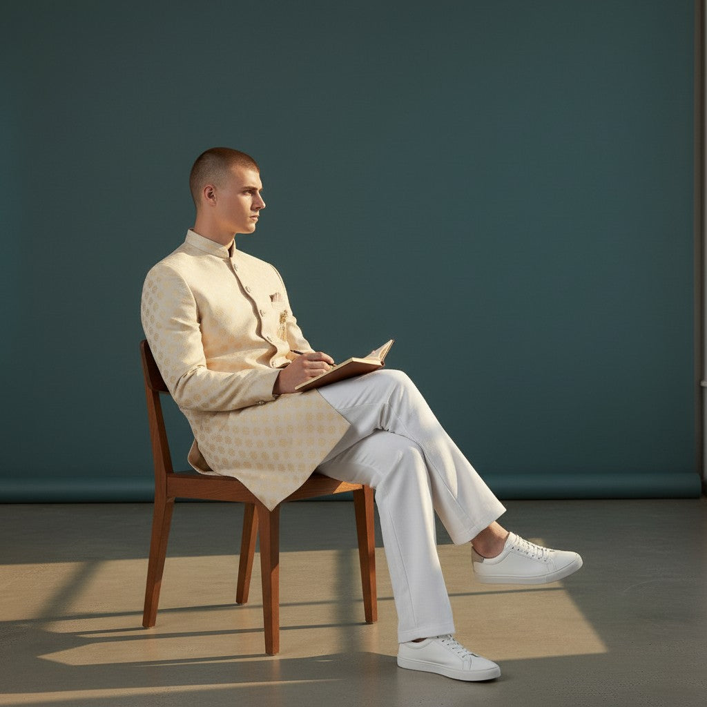 A Cream Self Design Sherwani