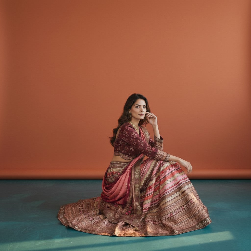 Regal Maroon Lehenga with Multi-Tonal Striped Skirt