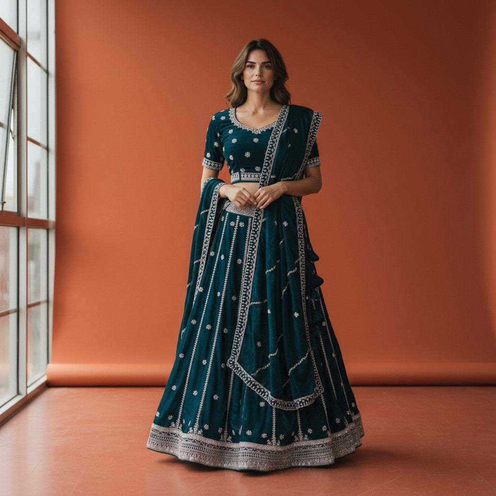 Elegant Teal Velvet Lehenga Set with Silver Embroidery
