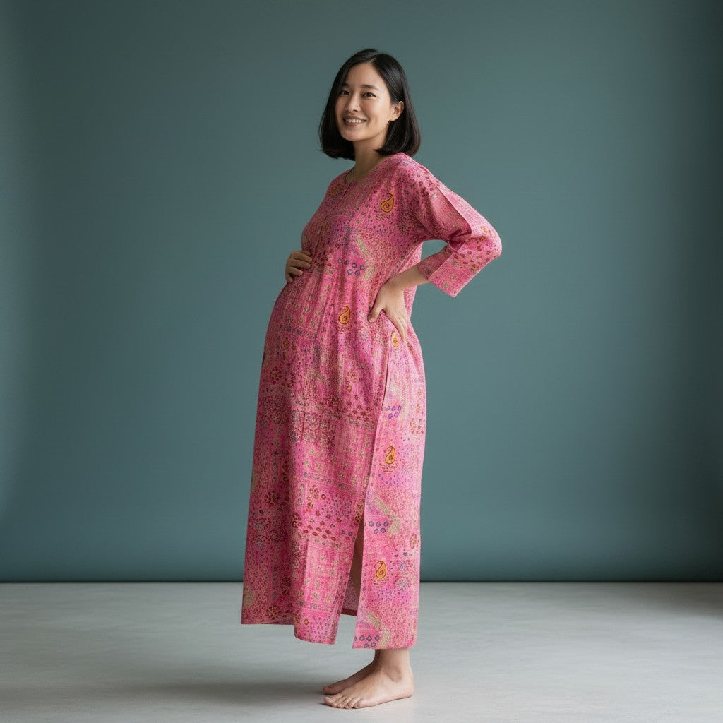 Button-Front Maternity/Feeding Kurta in Pink with Ethnic Patterns