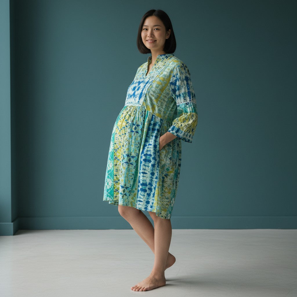 Tie-Dye Blue Bell Sleeve Tunic Dress for Women