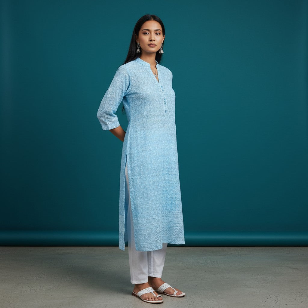 Sky Blue Chikankari Print Kurta