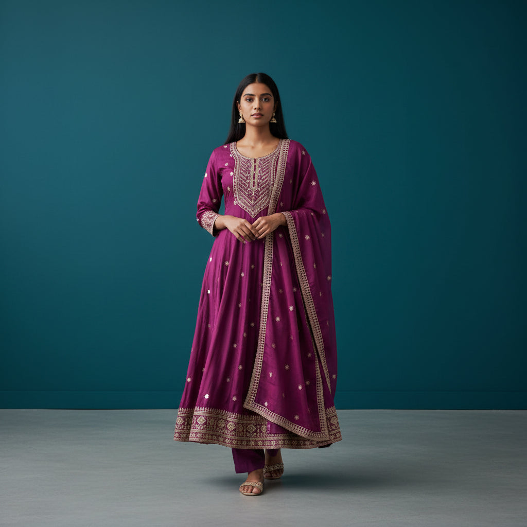Silk Blend Crinkle Anarkali Set