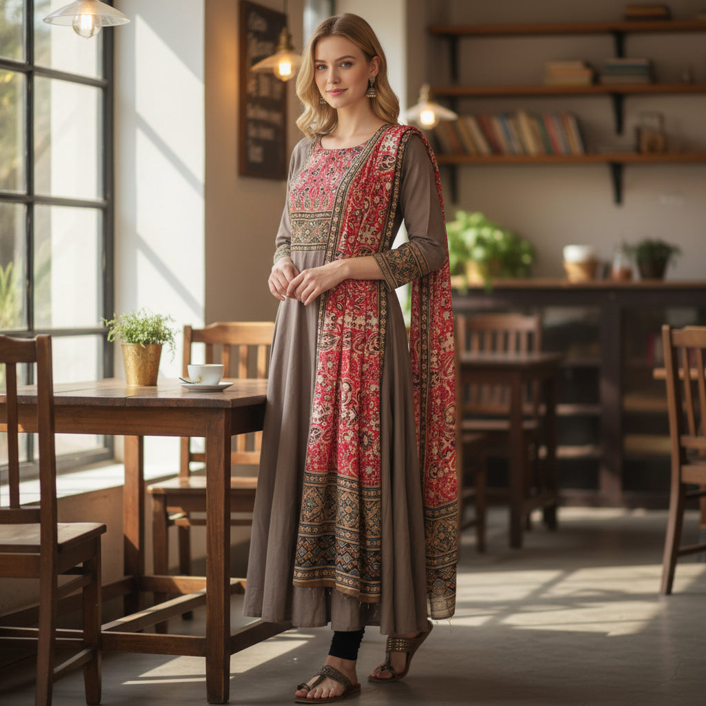 Brocade Style Fabric Kurta Set with Thread Work in Mocha Brown